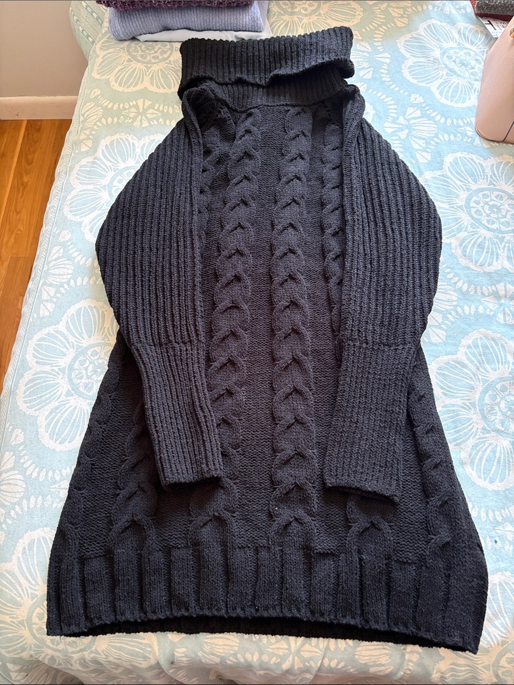 Black Cable Knit Turtleneck Sweater Dress